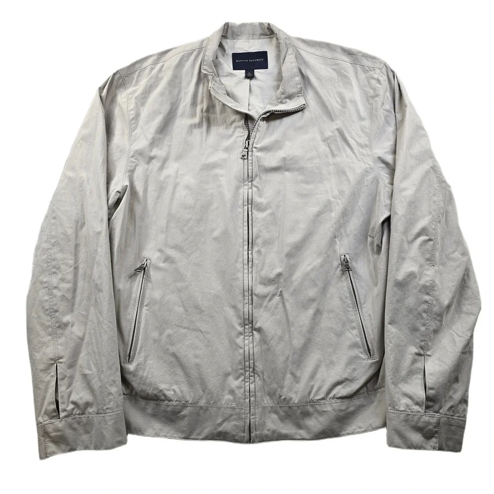 Banana Republic Bomber Jacket Mens XL Beige White Cotton Coated‎ Bi-Swing Zip